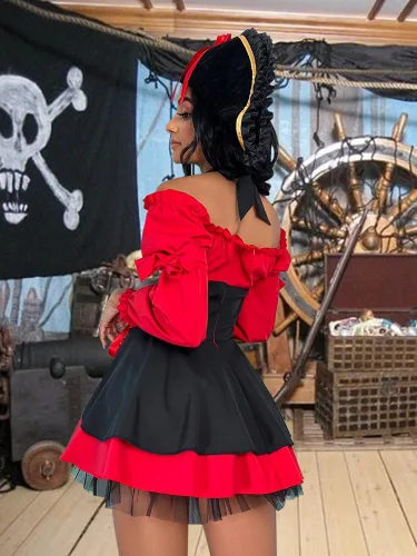 Vista 2 de Disfraz sexy de pirata de Halloween para mujer, 3 piezas de vestido de capitán