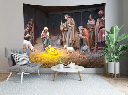 Vista 2 de Loccor Tapiz de Navidad Escena del Nacimiento Pesebre Escena del Nacimiento del Bebé Jesús Tapiz para Colgar en la Pared Tapestries Religiosos