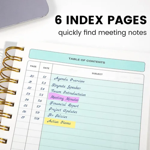 Vista 3 de Cuaderno de Reuniones para Trabajo con Elementos de Acción 5.5×8.5 Tapa Dura Espiral Planificador de Reuniones para Oficina Negocios Notas