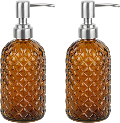 Vista 8 de Dispensador de jabón de vidrio con patrón de diamante de 16 onzas, dispensador de jabón recargable para cocina y baño, con bomba de acero inoxidable