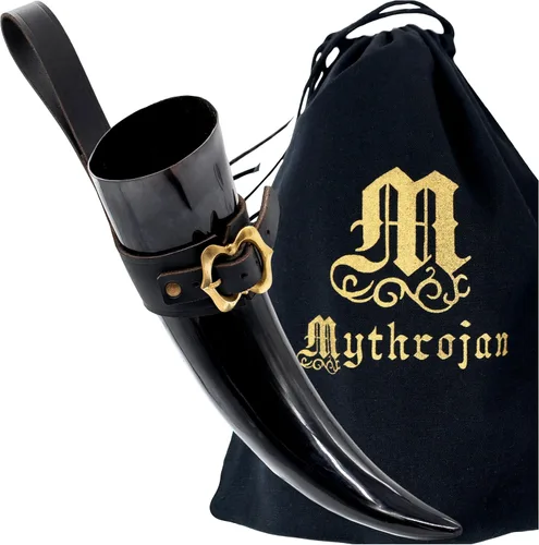 Vista 31 de Mythrojan Cuerno vikingo para beber 100% natural, auténtico, decoración de latón, cuerno nórdico con funda de cuero negro, bolsa de lona para vino