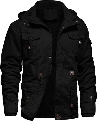 Vista 15 de Chaqueta de invierno para hombre, chaqueta militar, chaqueta tipo cargo con forro polar, chaqueta cálida con capucha desmontable, chaqueta