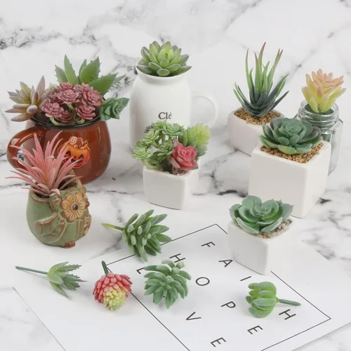 Vista 5 de CCINEE 18 plantas suculentas artificiales, mini surtido verde flocado falso Echeveria realista agave floral de loto sintético para paisaje, jardín