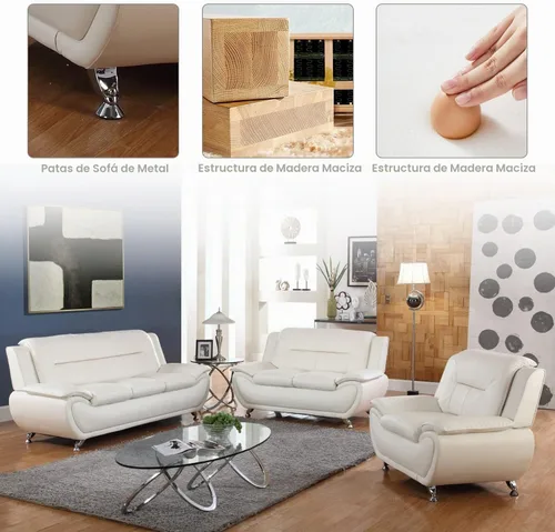 Vista 3 de Juego de sofá de sala de estar de cuero, sofá de cuero estilo moderno, sofás para sala de estar 3 piezas (blanco)