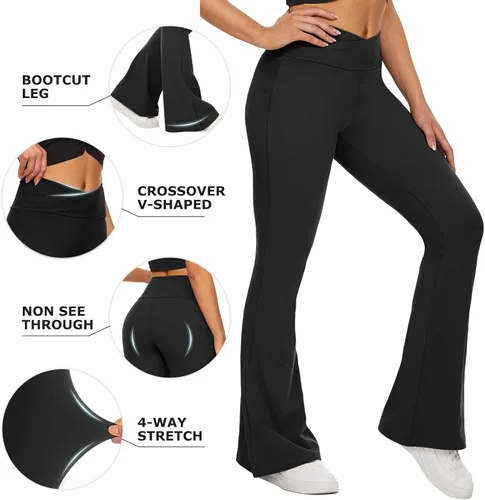 Vista 38 de ZOOSIXX Pantalones de yoga acampanados para mujer, leggings cruzados suaves con corte de bota