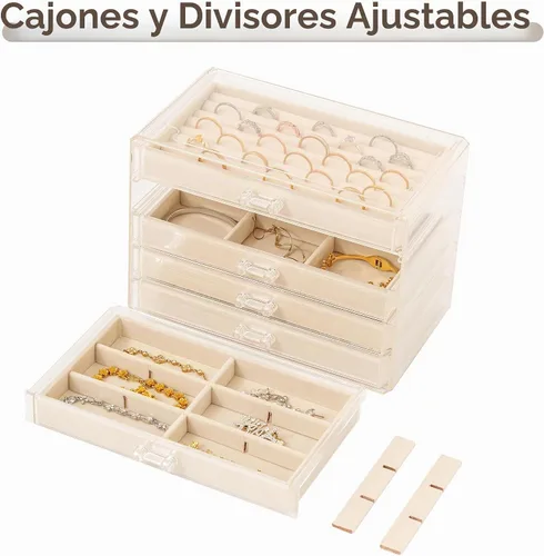 Vista 5 de Frebeauty Caja de joyas extra grande de acrílico para mujeres y niñas, organizador de aretes de terciopelo transparente de 5 capas con 5 cajones
