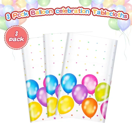Vista 4 de Paquete de 3 manteles de globos coloridos, desechables, de plástico multicolor, 54 x 108 pulgadas, rectangular, para picnic, fiesta de cumpleaños