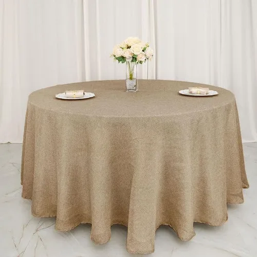 Vista 7 de Balsa Circle Mantel redondo natural de arpillera sintética de 120 pulgadas, recepción, boda, recepción, fiesta, eventos, decoración de catering