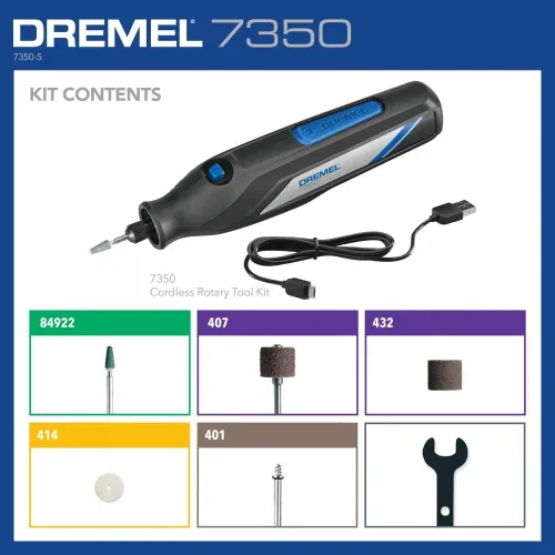 Vista 3 de Dremel 7350 Kit de herramientas rotativas inalámbricas de 4 V con 5 accesorios y batería recargable USB-C, velocidad única para tallar, grabar