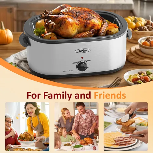 Vista 6 de Sunvivi Horno asador eléctrico con tapa visible, horno asador de pavo de 24 cuartos de galón con sartén y estante extraíbles, acero inoxidable