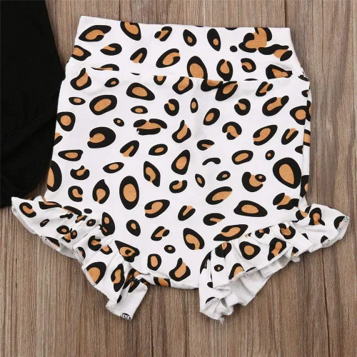 Vista 6 de DuAnyozu Conjunto de 3 piezas de ropa para bebés y niñas, lindo mameluco con estampado de leopardo, pantalones cortos de verano