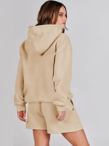 Vista 4 de Prinbara Conjunto de dos piezas para mujer, conjunto de sudadera con capucha y pantalones cortos, sudadera con capucha y pantalones cortos de otoño