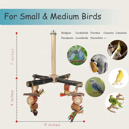 Vista 2 de Perca giratoria de 360° con juguetes naturales para masticar, accesorios de jaula de juguetes para pájaros giratorios, soporte de madera