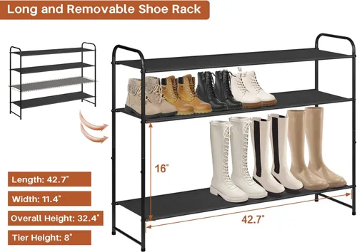 Vista 3 de KIMBORA Zapatero largo de 4 niveles para el piso del armario, estante ancho para zapatos, organizador de almacenamiento de 30 pares apilables, Negro