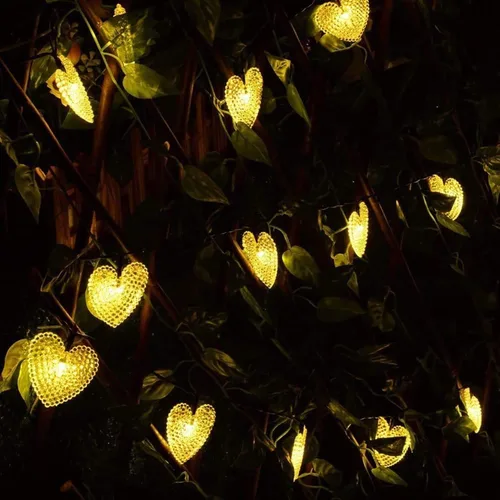 Vista 20 de Luces solares de corazón para exteriores, impermeables, de 16.4 pies, 20 luces LED, corazón de amor, día de San Valentín, 8 modos de iluminación