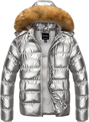 Vista 24 de Pursky Chaqueta de plumón impermeable para hombre, abrigos de invierno con capucha de piel para esquiar, parka con capucha de piel Verde militar