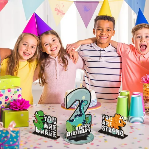 Vista 5 de Juego de 3 piezas de dinosaurios con signo de número de 2º cumpleaños, decoración de mesa de dinosaurios para niños y niños de 2º cumpleaños