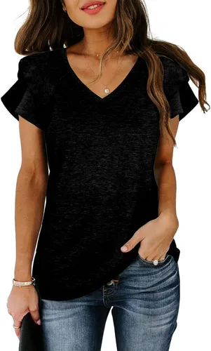 Vista 2 de Micticsi Camisetas casuales de verano con cuello en V y mangas con volantes para mujer