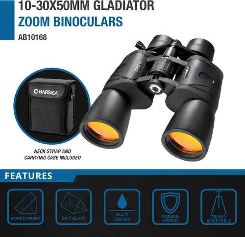 Vista 2 de Barska Gladiator - Prismáticos con zoom de 10-30x50 con adaptador de trípode para observación de estrellas, observación de aves, senderismo