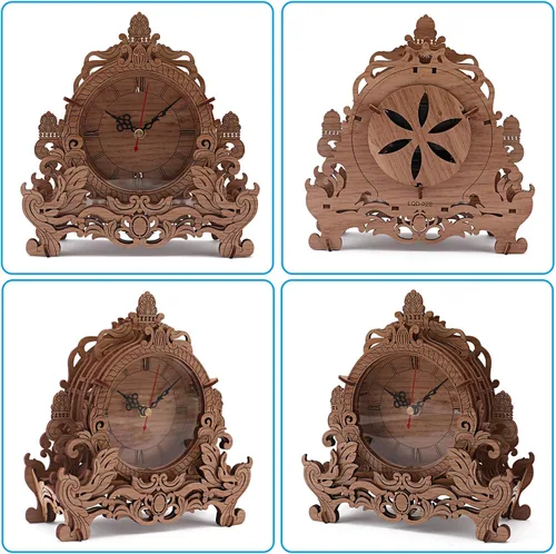 Vista 4 de OWNONE 1 Kit de modelo de reloj de madera 3D para adultos, reloj de escritorio de bricolaje, rompecabezas 3D de madera oscura, regalos