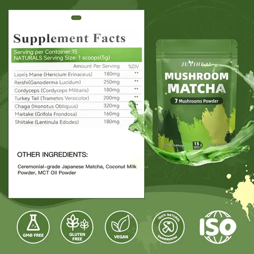 Vista 2 de JUYIHEAL Matcha de hongos Matcha ceremonial japonés infundido con 7 hongos superalimentos, aceite MCT, leche de coco en polvo Energía, enfoque