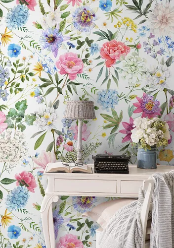Vista 4 de Murwall Pink Floral Wallpaper Watercolor Wildflower Blossom Wall Mural