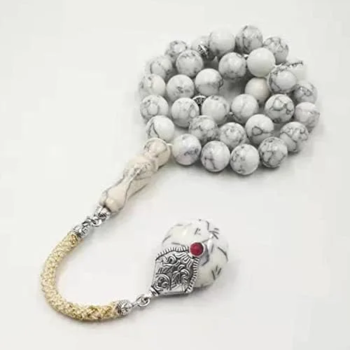Vista 4 de Tasbih - 33 cuentas de oración musulmana con piedra turquesa blanca, rosario islámico, regalo (0.315 in x 33 cuentas)