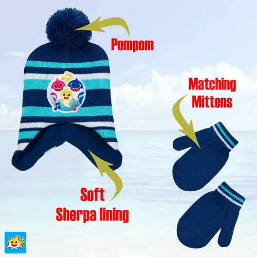 Vista 4 de Nickelodeon Baby Shark - Juego de gorro y manoplas de invierno cálido para niños de 2 a 4 años, 2-4T