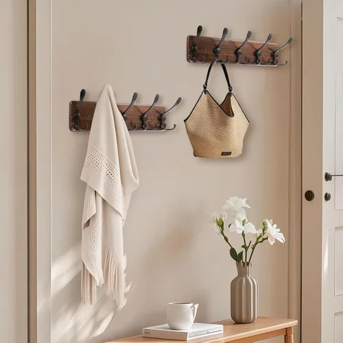 Vista 2 de Perchero de pared rústico para sombreros de 16.8 pulgadas con 5 ganchos triples para colgar abrigos, bolsos, toallas