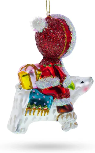 Vista 3 de Encantadora chica montando un oso polar adorno de Navidad de vidrio soplado a mano