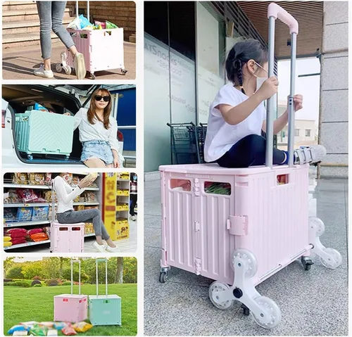 Vista 3 de Carro plegable con ruedas ASN 8 ruedas plegable carrito utilitario plegable portátil carrito de compras, caja plegable para subir escaleras Beige
