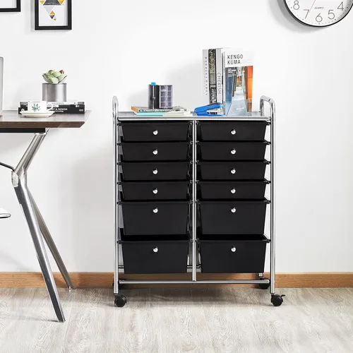Vista 4 de Topeakmart Organizador de carrito con ruedas de 12 cajones, cajones de almacenamiento de plástico, carrito utilitario, 360 ruedas, color negro