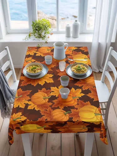 Vista 5 de Mantel rectangular de Acción de Gracias, mantel rectangular de calabaza naranja de 60 x 102 pulgadas, manteles de hojas de arce otoñales, mantel