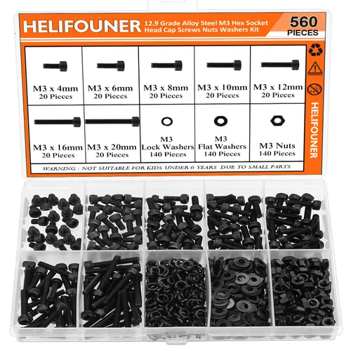 Vista 17 de HELIFOUNER 560 Piezas M2 x 4 mm / 6 mm / 8 mm / 10 mm / 12 mm / 16 mm / 20 mm, Kit de Tornillos de Cabeza de Botón con Arandelas y Tuercas, Acero