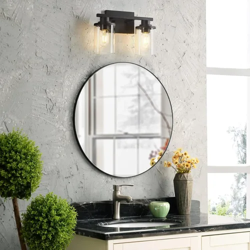 Vista 2 de Accesorios de iluminación de baño, Luz de tocador de baño mate negra de 2 luces, Luces de tocador con base de metal y pantalla de vidrio