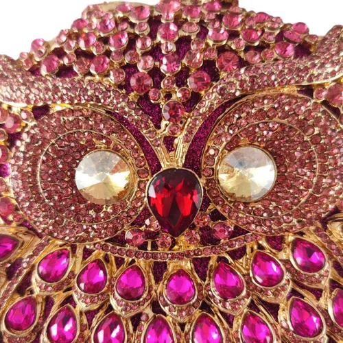 Vista 4 de Boutique De FGG Mini bolso de mano de cristal para fiesta de búho para mujer, bolsos de noche de animales, bolso de mano con diamantes de imitación