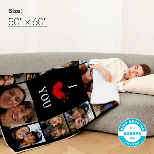 Vista 4 de DayOfShe Manta de fotos de forro polar Sherpa gruesa personalizada para regalos de novia, novio, mantas cálidas de sherpa personalizadas para sofá