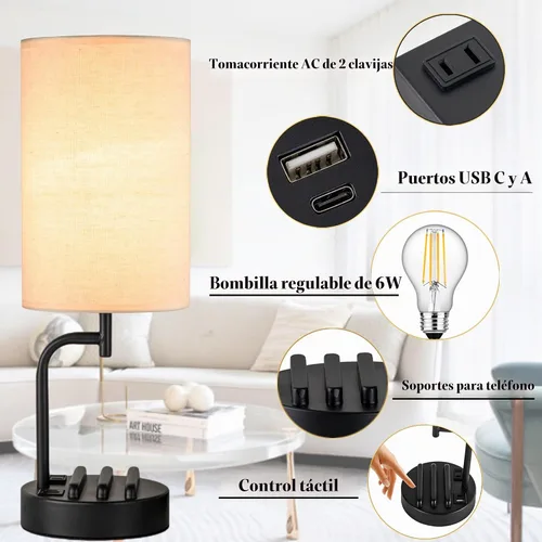 Vista 3 de Lámpara de mesa USB con control táctil Dreamholder, lámpara de noche mejorada de 3 vías regulable con puertos de carga USB C & A y tomacorriente AC