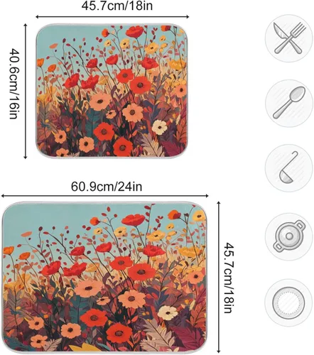 Vista 2 de Tapete de secado de platos de primavera naranja con flor de amapola para encimera de cocina, tapete escurridor absorbente de microfibra, tapete
