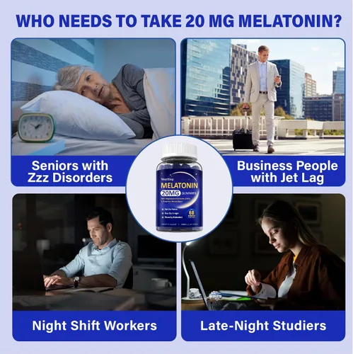 Vista 6 de Gomitas de melatonina de 20 mg para adultos, suplemento gomoso de melatonina de máxima fuerza con glicinato de magnesio, B6, B12, L-teanina, GABA