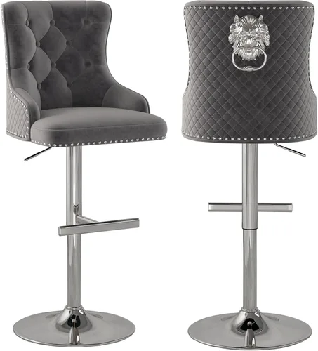Vista 14 de Juego de 2 taburetes de bar de terciopelo, altura ajustable, base de metal dorado, beige Diseño de cabeza de clavo, función giratoria, ideal