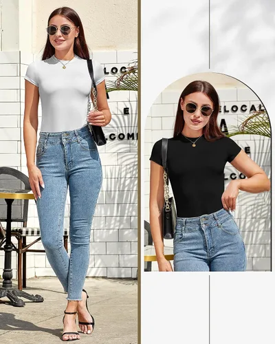Vista 6 de 3 piezas de body de manga corta para mujer, cuello redondo, ajustado, básico, camisetas