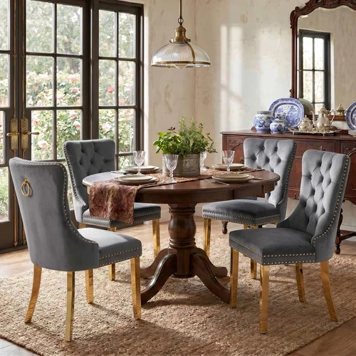 Vista 85 de SoarFlash Juego de 2 sillas de comedor de terciopelo, silla lateral de respaldo alto, silla lateral moderna tapizada de alta gama con botones Beige