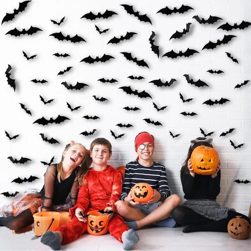 Vista 7 de 120 piezas de decoración de murciélagos de Halloween, calcomanías de murciélago 3D para interiores y exteriores, decoración del hogar, calcomanías