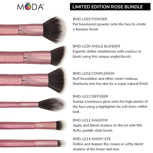 Vista 4 de MODA Kit de 6 brochas de maquillaje de rosas de edición limitada, incluye polvo, licuadora angular, tez, difusor, sombra y pinceles de ojos ahumados