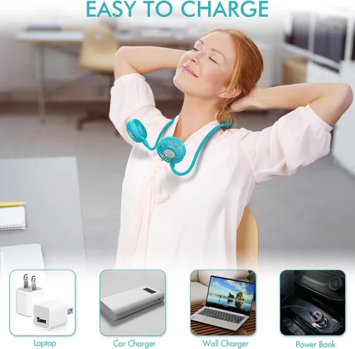 Vista 5 de Ventilador de cuello portátil, 2600 mAh, funciona con pilas, ventilador deportivo ultrasilencioso, manos libres, ventilador USB con 6 velocidades