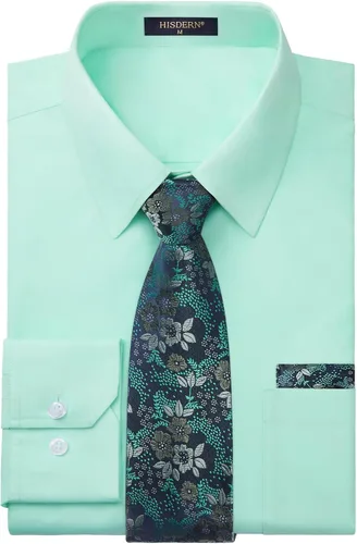 Vista 17 de HISDERN Mens Dress Shirt with Tie Pocket Square Set Classic Button Down Shirt Matching Tie Long Sleeve Shirts 08-verde