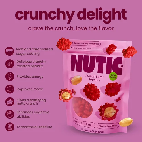Vista 3 de Nutic Caramelo de cacahuetes quemados franceses, 1 libra, revestimiento crujiente y dulce confitado con centro de maní tostado, aperitivos navideños
