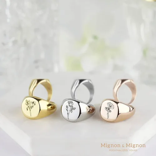 Vista 3 de MignonandMignon Anillo de sello, joyería de flores, regalo personalizado para su soplador de nacimiento floral, sello grabado personalizado Navidad