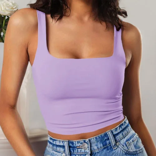 Vista 8 de Artfish - Camiseta corta casual y básica con tirantes delgados y cuello cuadrado, para mujer, sin mangas, de doble capa, ombliguera